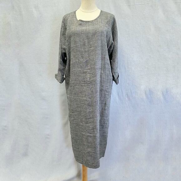 Vintage 80s linen lagenlook midi shift oversized dress houndstooth size small - Picture 1 of 16
